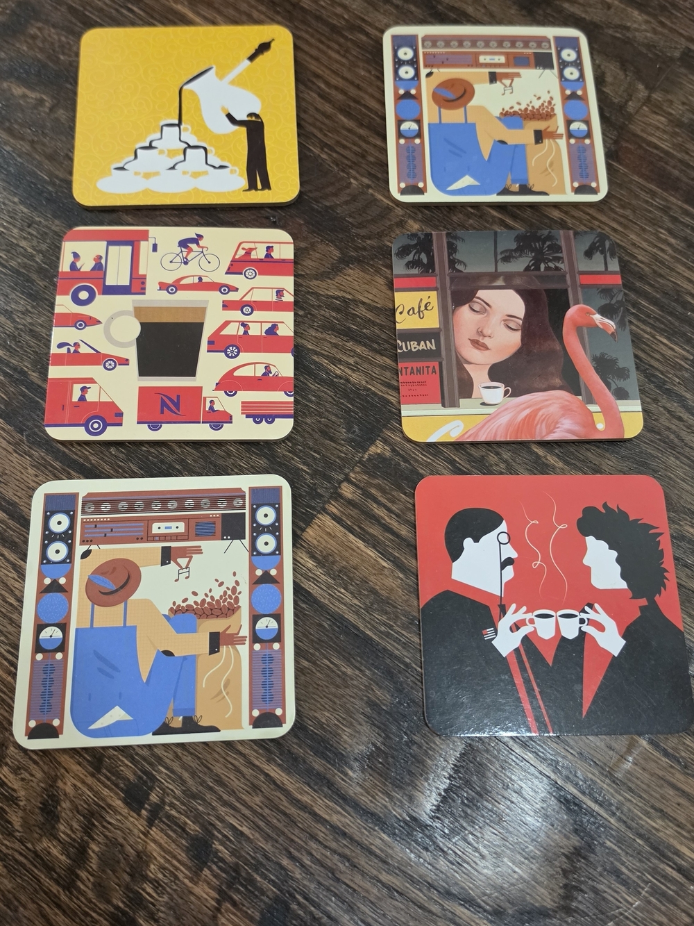 Nespresso Illustrated Coaster Set — Yellow, Red, Blue, Pink, Black